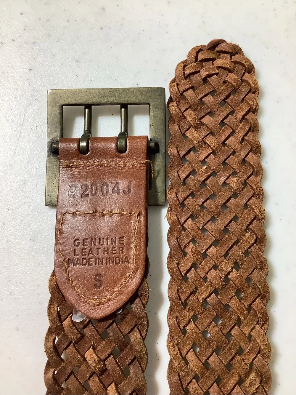 Leather caramel colored braided belt from India, 37”